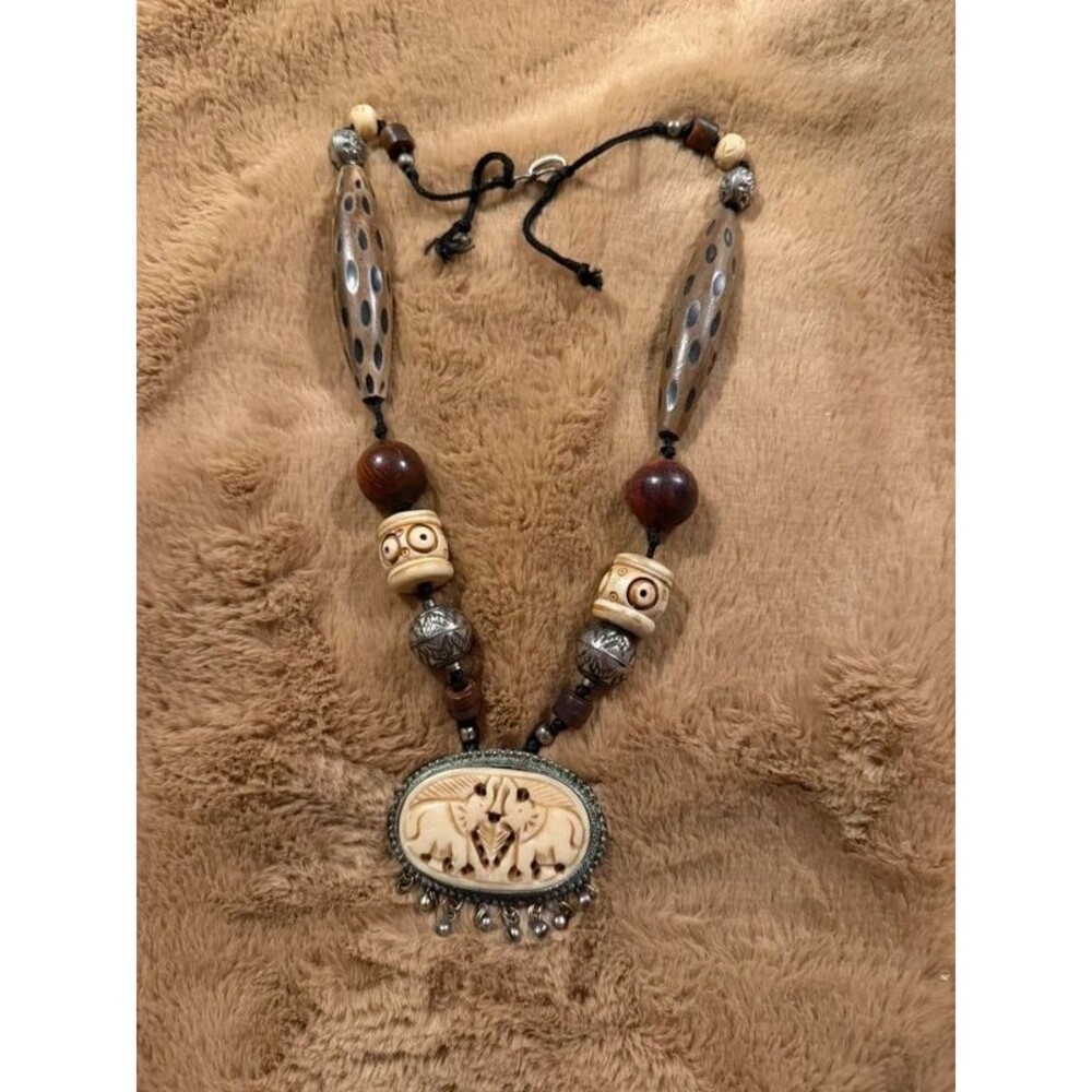 Vintage Boho Carved Bone Double Elephant Statement Necklace